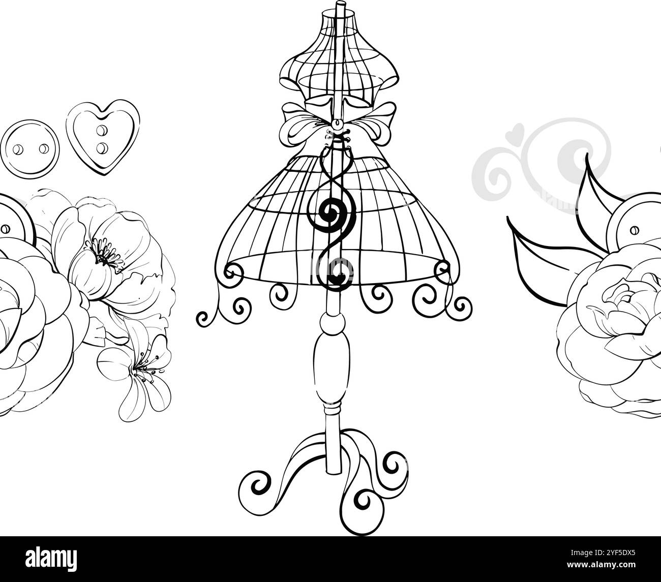 Mannequin vintage avec arrangement floral - roses et anémone. Mode ancienne, modèle sans couture de couturier, frontière. Couture romantique et élégance Illustration de Vecteur