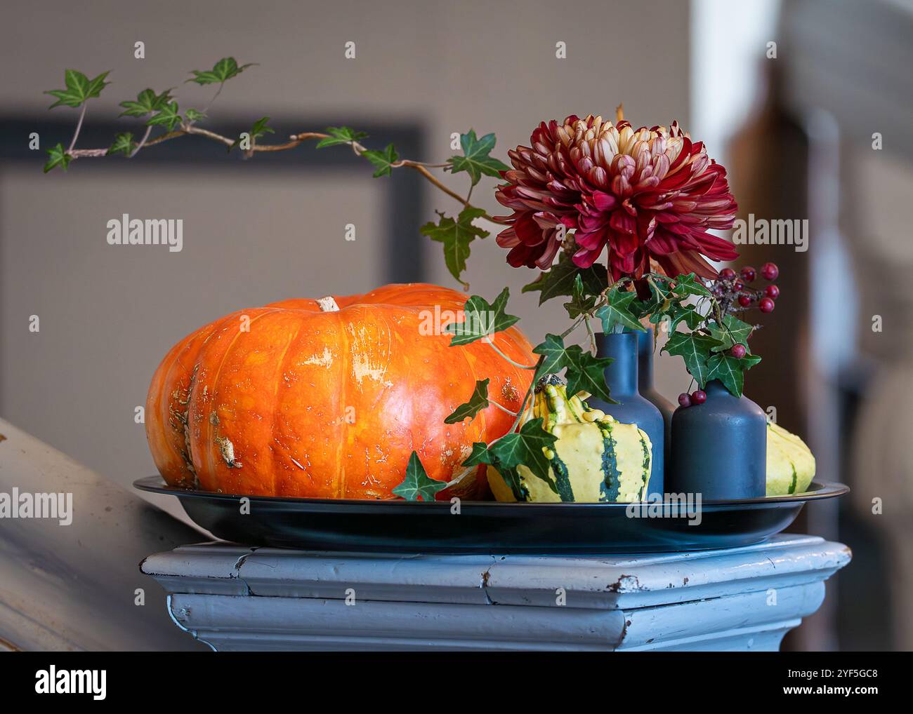 Arrangement floral d'automne simple avec chrysanthème rouge, lierre et citrouilles. Design d'intérieur avec des fleurs d'automne et des citrouilles sur colonne d'escalier en bois. Banque D'Images