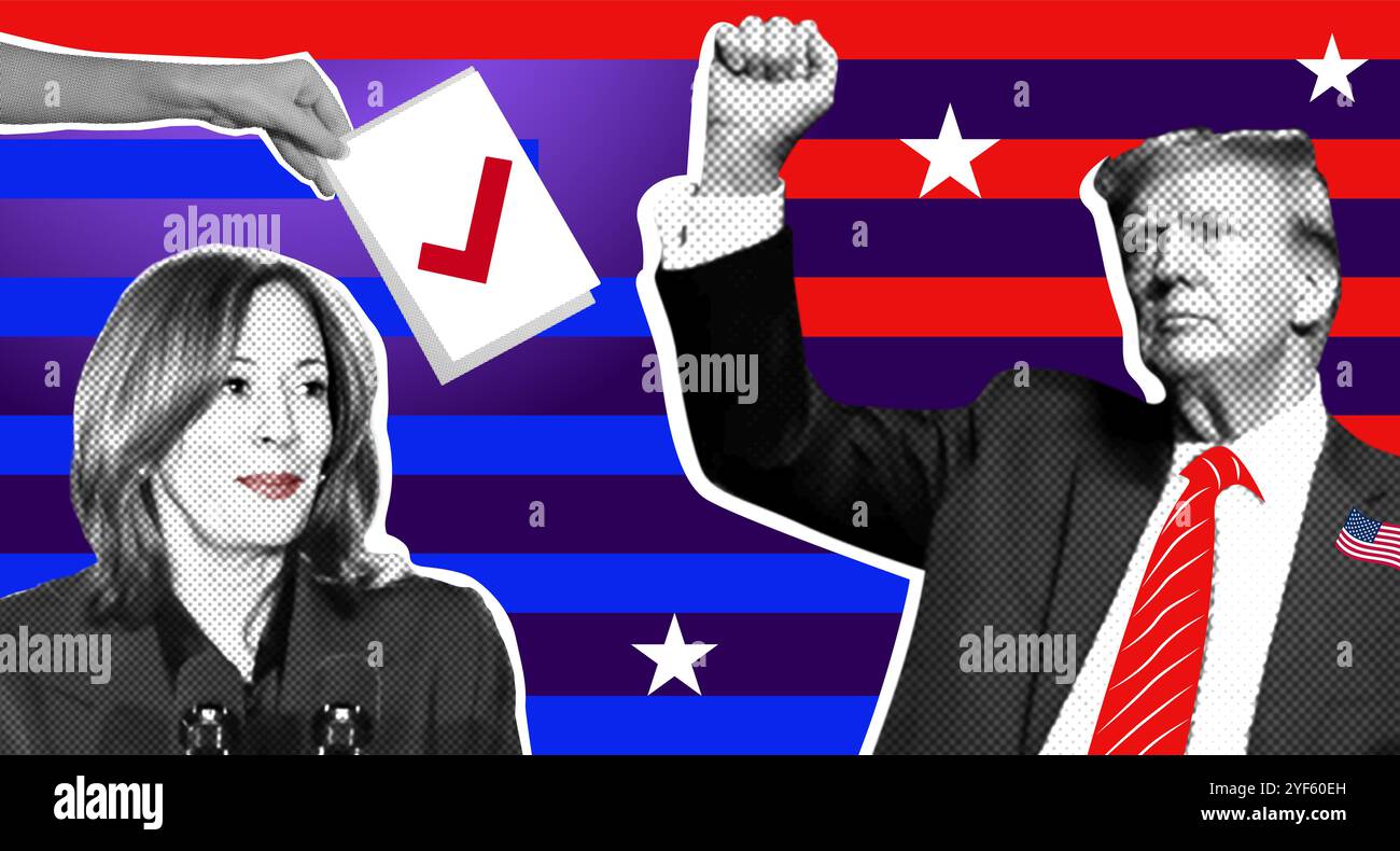 Portrait de Donald Trump et Kamala Harris. Collage photo illustratif avec effet demi-ton Banque D'Images