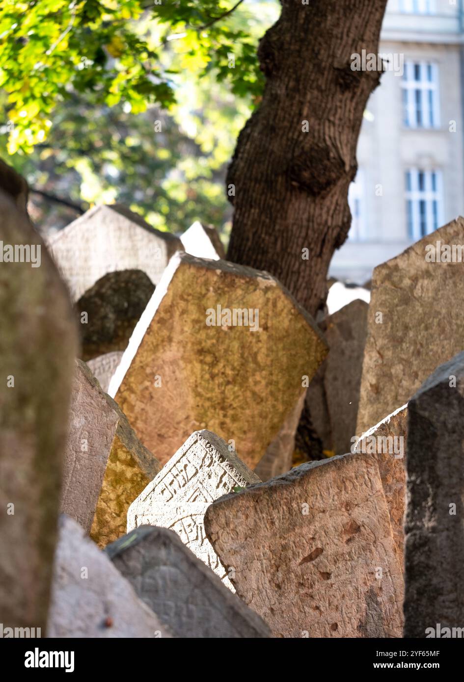 Pierres tombales historiques dans le vieux cimetière juif surpeuplé de Prague en République tchèque. L'espace était limité et les tombes étaient empilées jusqu'à dix profondeurs. Banque D'Images