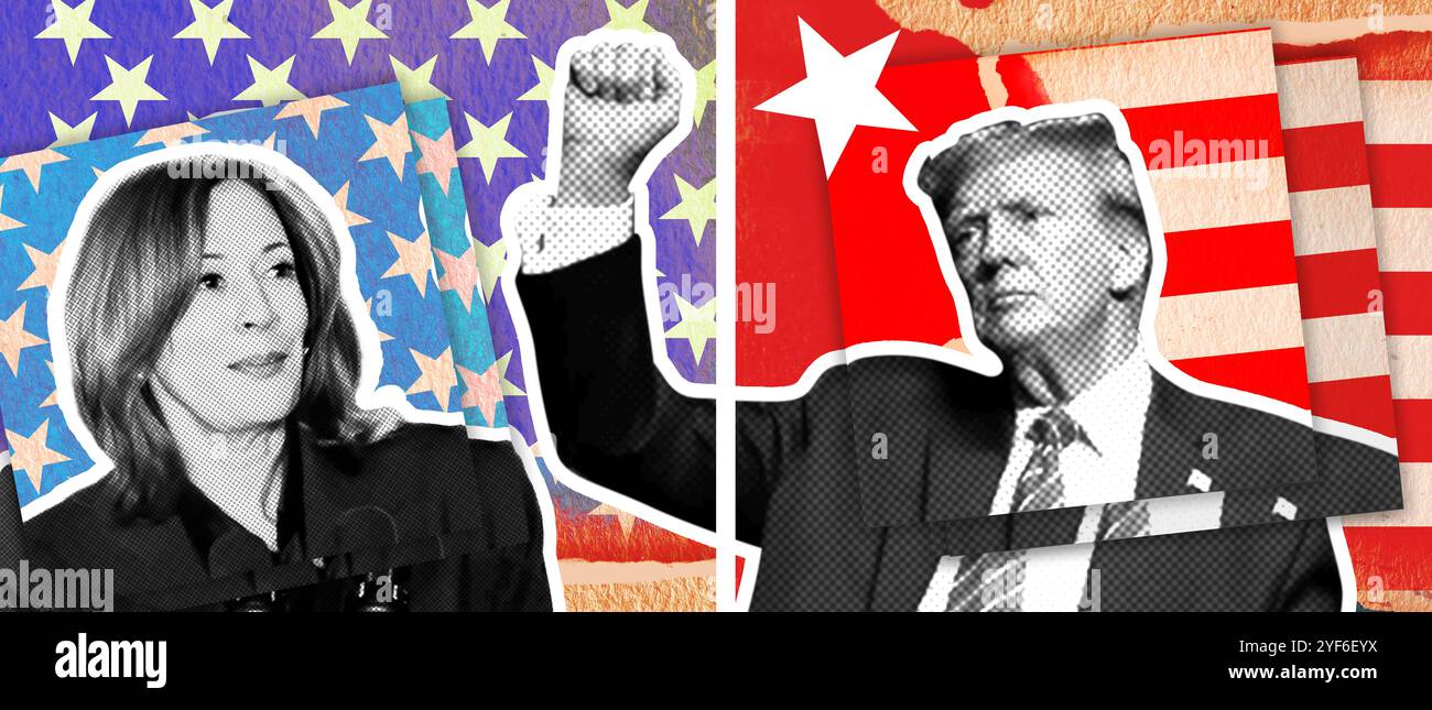 Collage photo avec effet demi-ton. Photo illustration Portrait de Donald Trump et Kamala Harris sur fond de drapeau américain. Banque D'Images