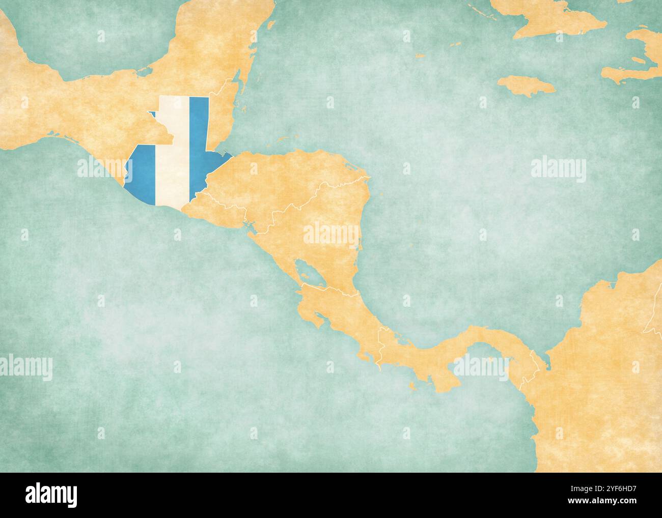 Guatemala (drapeau guatémaltèque) sur la carte de l'Amérique centrale dans un style grunge doux et vintage, comme du vieux papier avec de la peinture à l'aquarelle. Banque D'Images