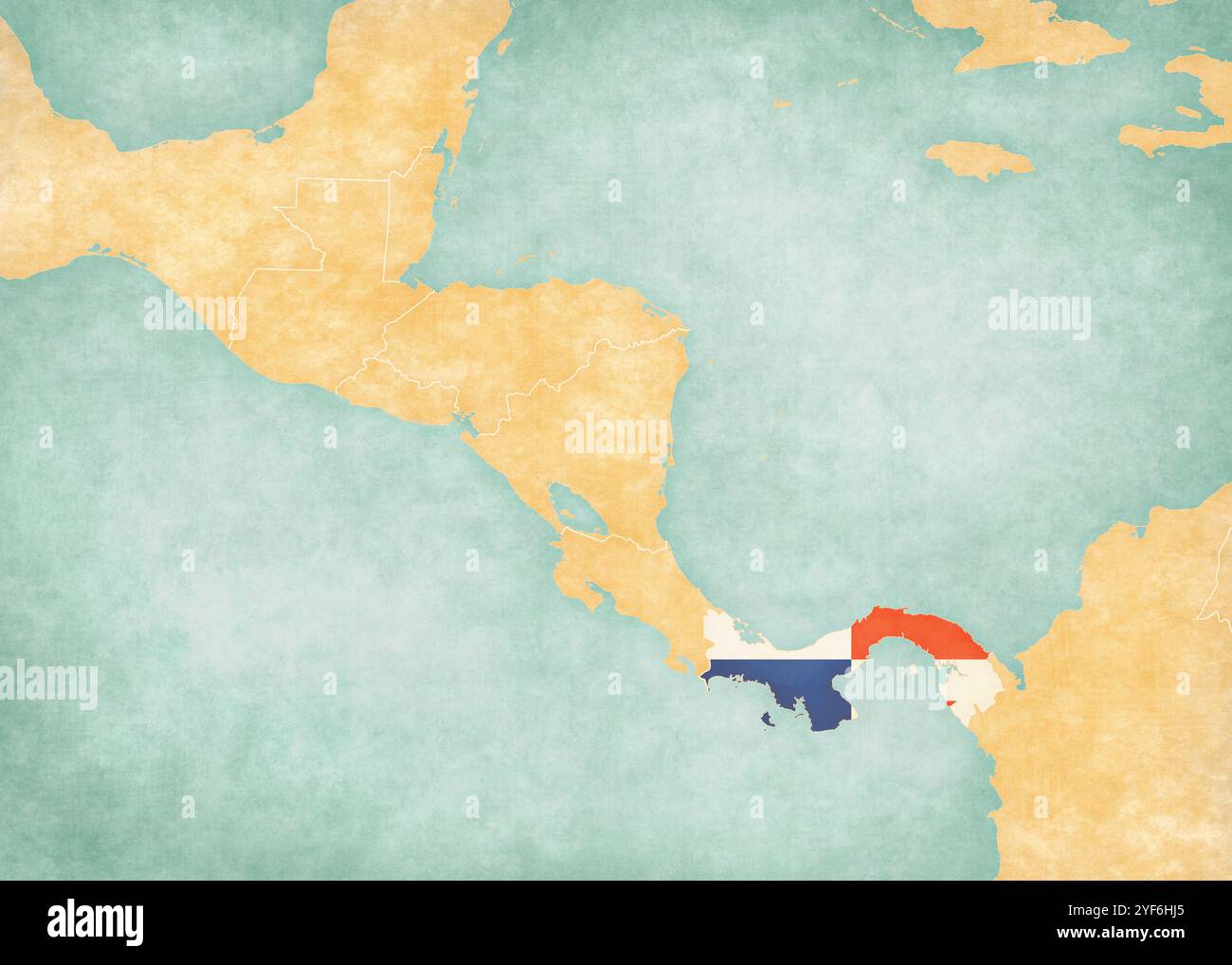 Panama (drapeau panaméen) sur la carte de l'Amérique centrale dans le style grunge doux et vintage, comme le vieux papier avec la peinture à l'aquarelle. Banque D'Images