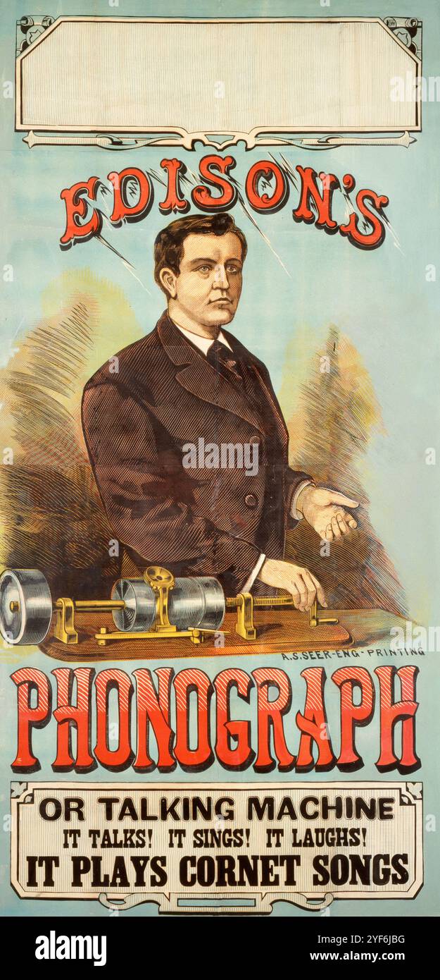 Affiche de Thomas Alva Edison. Alfred S. Seer graver. Mathew B. Brady, photog. c. 1878 Banque D'Images