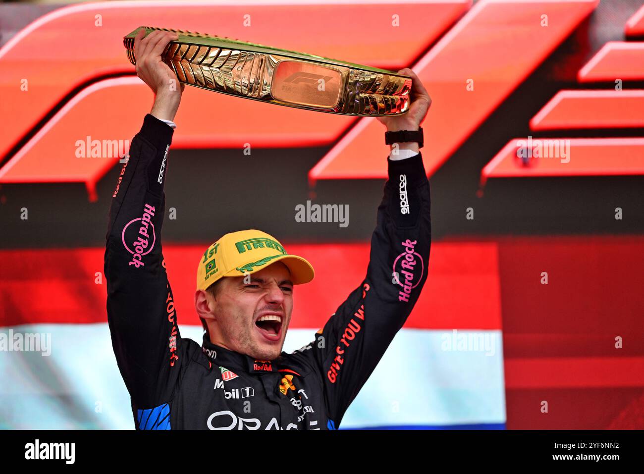 Sao Paulo, Brésil. 03 Nov, 2024. Le vainqueur Max Verstappen (NLD) Red Bull Racing célèbre sur le podium. 03.11.2024. Championnat du monde de formule 1, Rd 21, Grand Prix du Brésil, Sao Paulo, Brésil, jour de la course. Le crédit photo devrait se lire : XPB/Alamy Live News. Banque D'Images