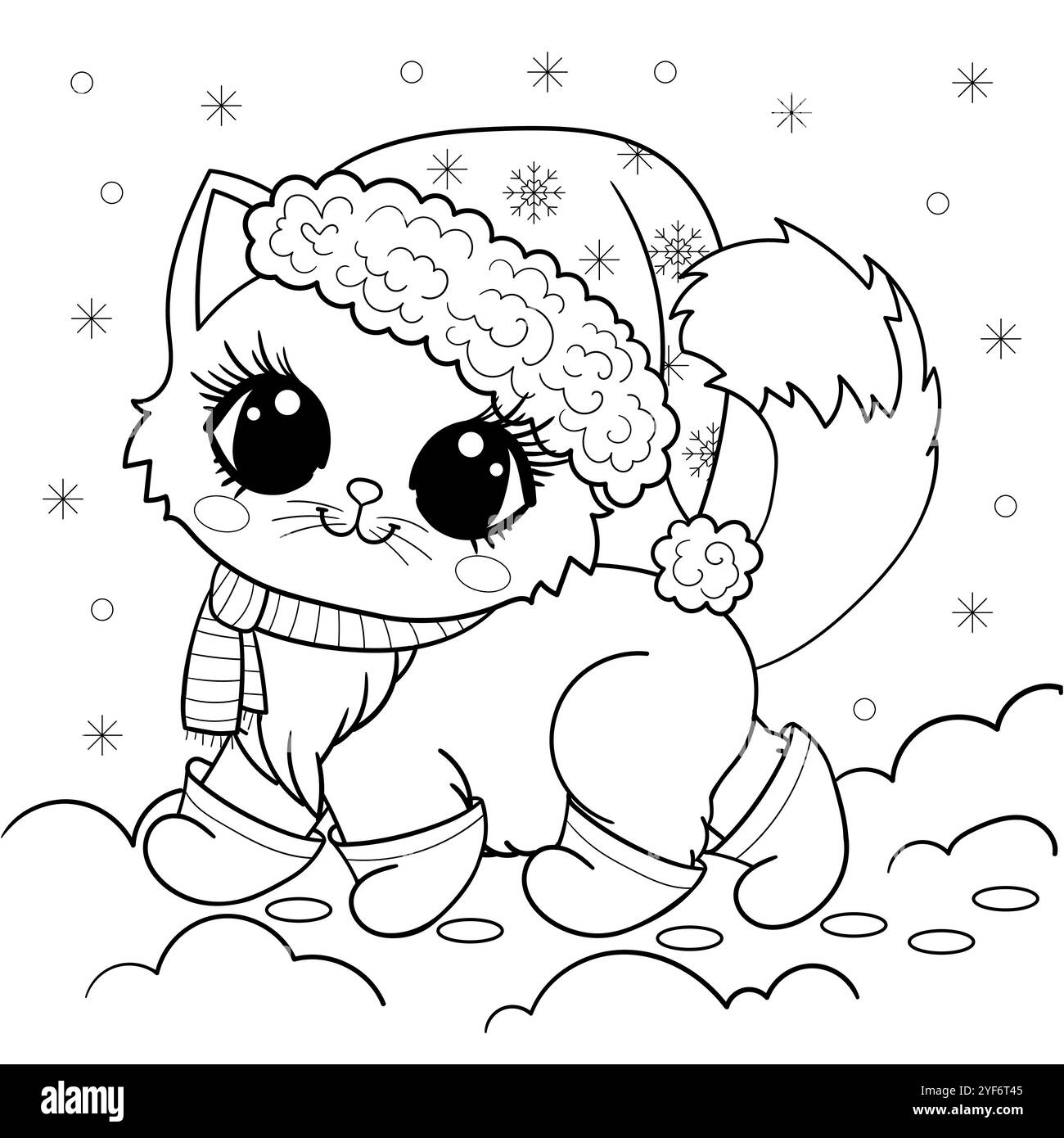 Chat en chapeau de Père Noël et bottes marchant dans la neige. Dessin linéaire noir et blanc. Isolé sur fond blanc. Pour la conception d'imprimés pour enfants. Illustration de Vecteur
