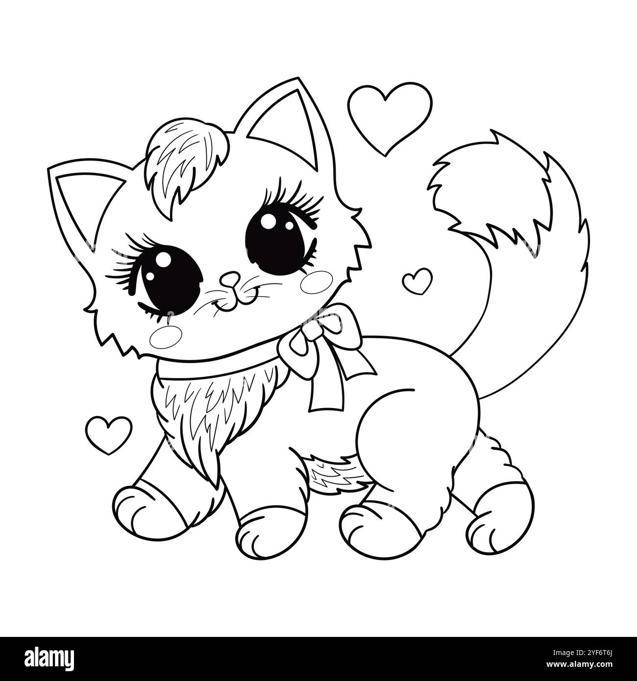 Mignon chaton de dessin animé marchant. Dessin au trait noir et blanc. Isolé sur fond blanc. Pour la conception pour enfants de livres de coloriage, impressions, affiches, voiture Illustration de Vecteur