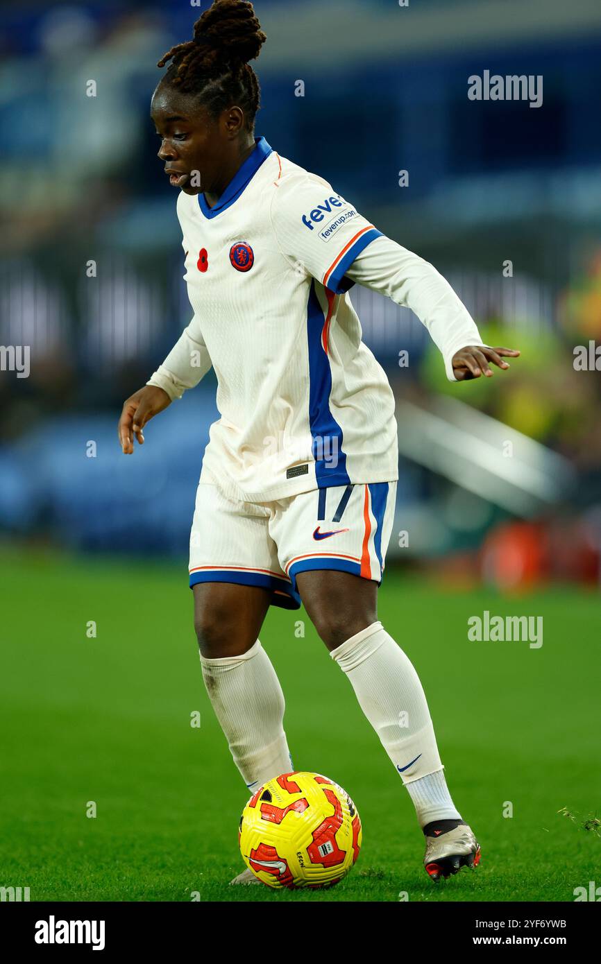 Carney Chukwuemeka de Chelsea lors du match de Super League féminine Barclays à Goodison Park, Liverpool. Date de la photo : dimanche 3 novembre 2024. Banque D'Images