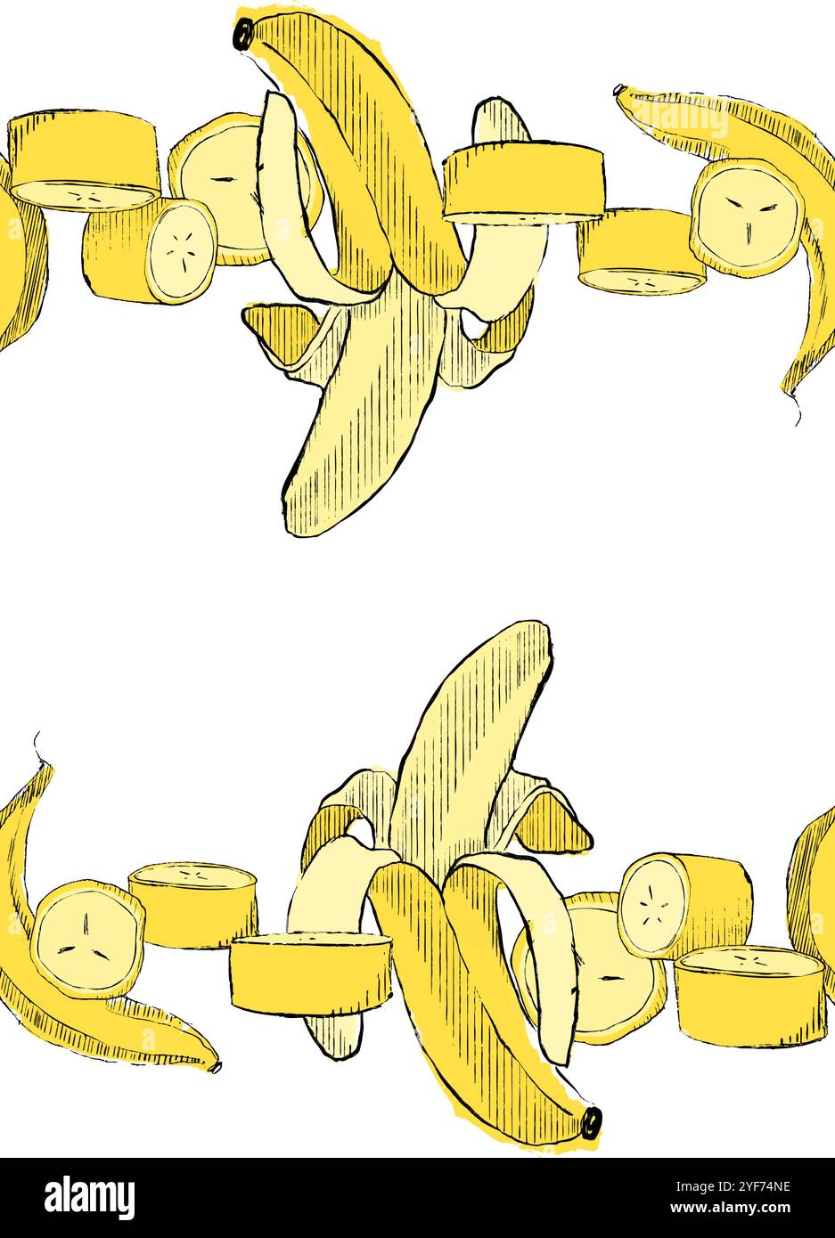 Bordure sans couture de vecteur de fruits tropicaux pour serviette, chemin de table, impression de nappe. Nourriture végétalienne banane dans un style graphique comme motif répété. Illustration de Vecteur