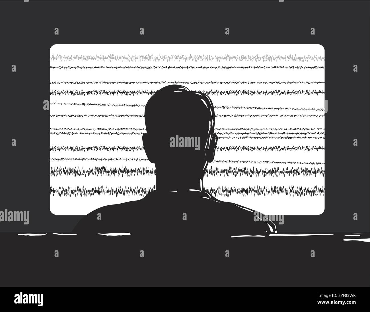 Illustration de style rétro de l'homme regardant le téléviseur avec le signal corrompu, la télévision pépin ou glitching assis sur l'autocar vu de l'arrière sur isolé Illustration de Vecteur