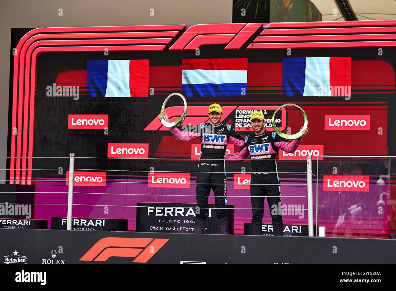 10/18/2024 - Esteban Ocon (FRA) Pierre Gasly (FRA) - Alpine F1 Team - Alpine A524 - Renault sur le podium après la formule 1 Lenovo Grande Premio de Sao Paulo 2024, prévue sur le circuit Interlagos, San Paolo, Brésil, BRA 1-3 nov. 2024 - photo Alessio de Marco | Avens-Images.com (photo Alessio de Marco/Sipa USA) Banque D'Images