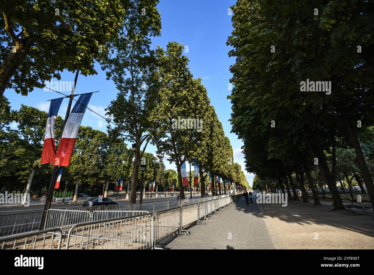 Drapeaux français et arbres le long des champs-Élysées un jour d'été - Paris, France Banque D'Images