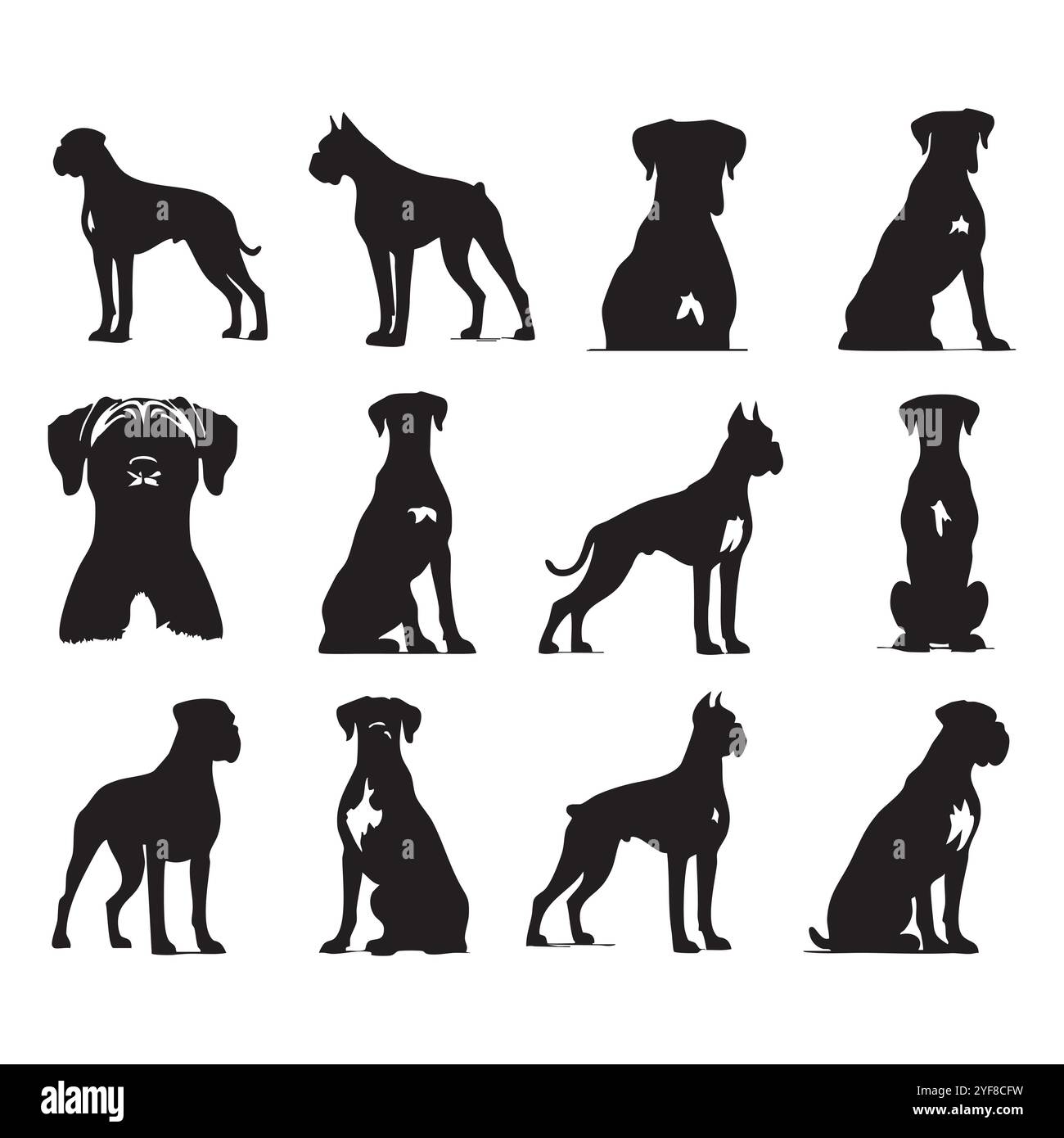 Silhouette ensemble de chien boxer sur fond blanc Illustration de Vecteur