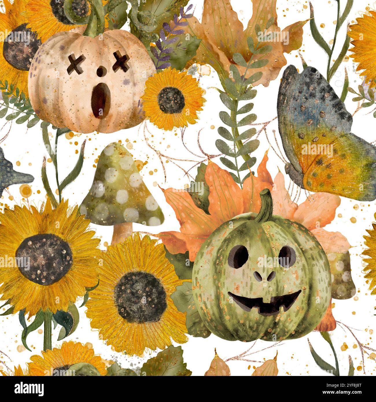 Un délicieux motif d'Halloween avec des citrouilles colorées, des tournesols joyeux et des papillons vibrants. Motif sans couture aquarelle pour l'impression sur tissu et papier. Banque D'Images