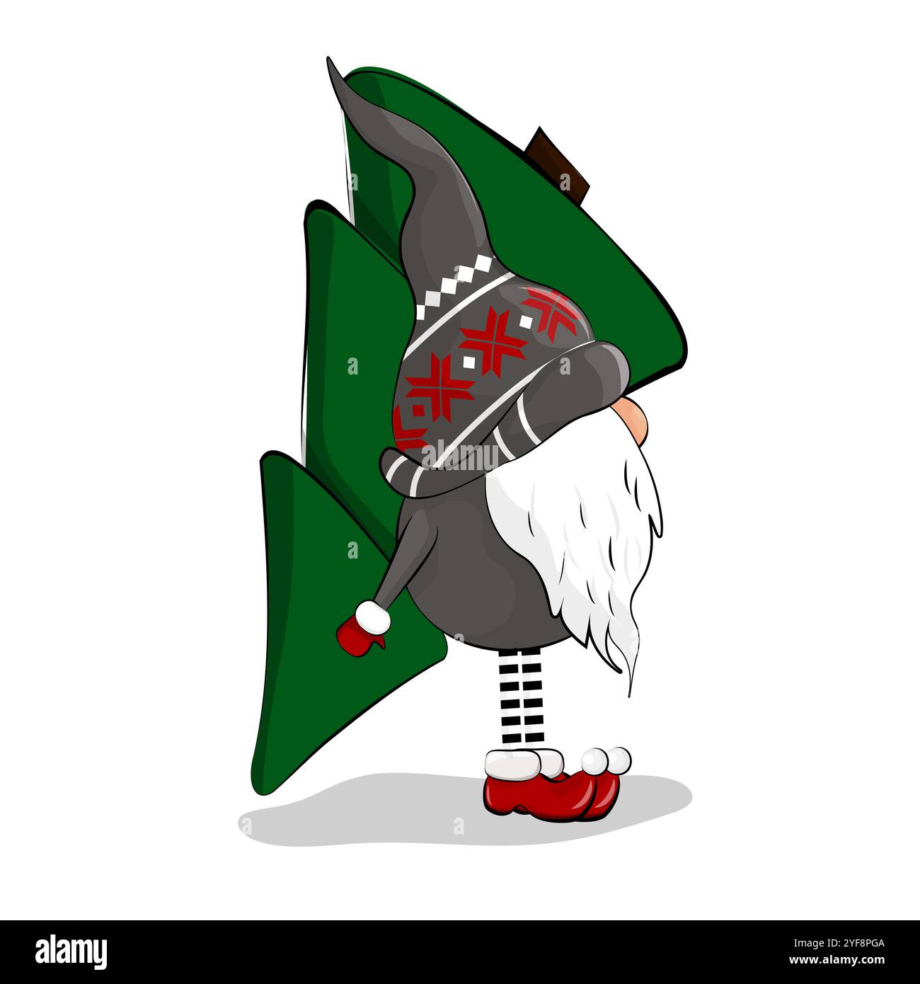Un gnome de Noël porte un arbre de Noël. Mignon gnome festif. Une naine grise dans des gants et des chaussures rouges. Illustration de Vecteur