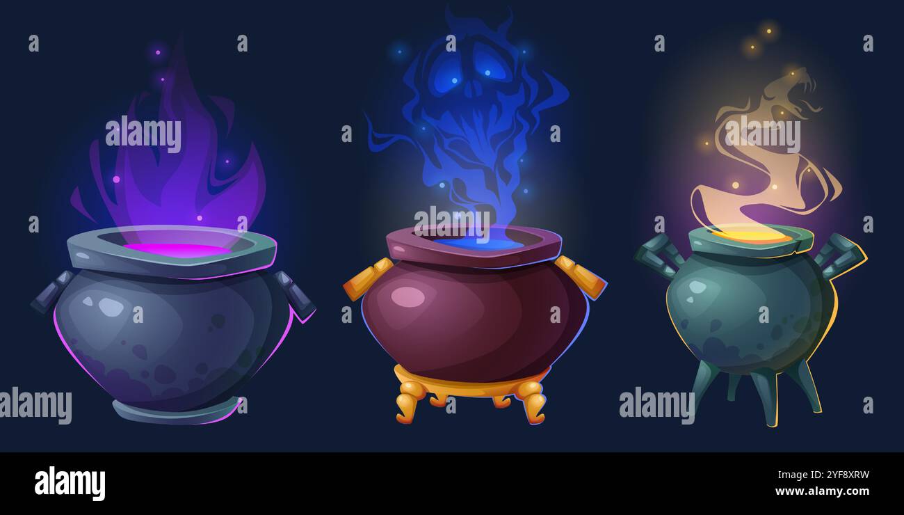 Chaudrons magiques avec potion brillante mystérieuse et fumée. Pots d'Halloween en métal foncé avec des flammes violettes mystiques, esprit bleu fantomatique, vapeur jaune enchantée. Atout d'interface de jeu effrayant. Illustration de Vecteur