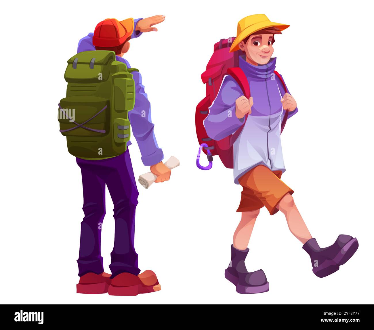 Touristes randonneurs masculins avec des sacs à dos et dans des vêtements chauds debout avec son dos regardant dans la distance et marchant vers l'avant. Bande dessinée trekking personnes pour l'aventure, l'activité touristique et l'exploration en plein air Illustration de Vecteur