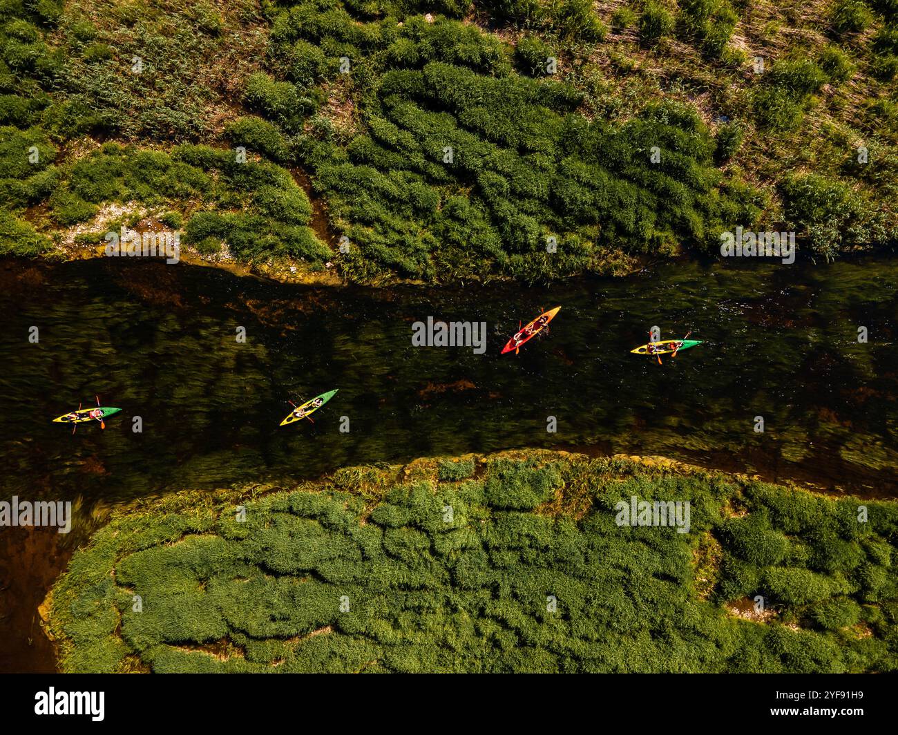 Kayakistes en harmonie avec la nature, pagayant le long d'une rivière sinueuse au feuillage riche Banque D'Images