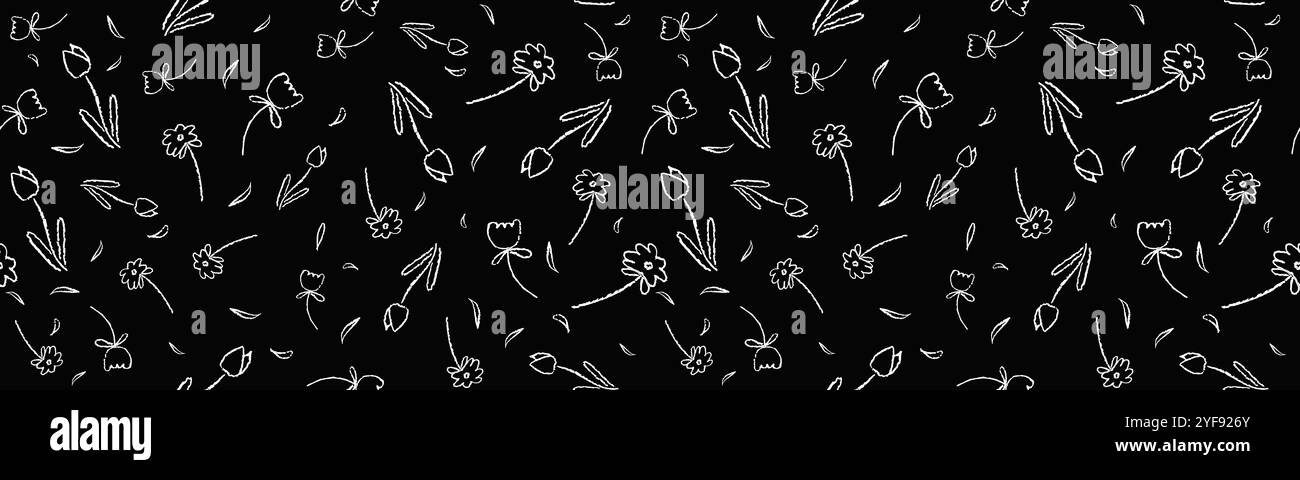 Modèle vectoriel sans couture monochrome avec des fleurs simples. Eléments botaniques blancs dessinés au crayon de cire sur tableau noir. Vecteur de fond floral pour Illustration de Vecteur