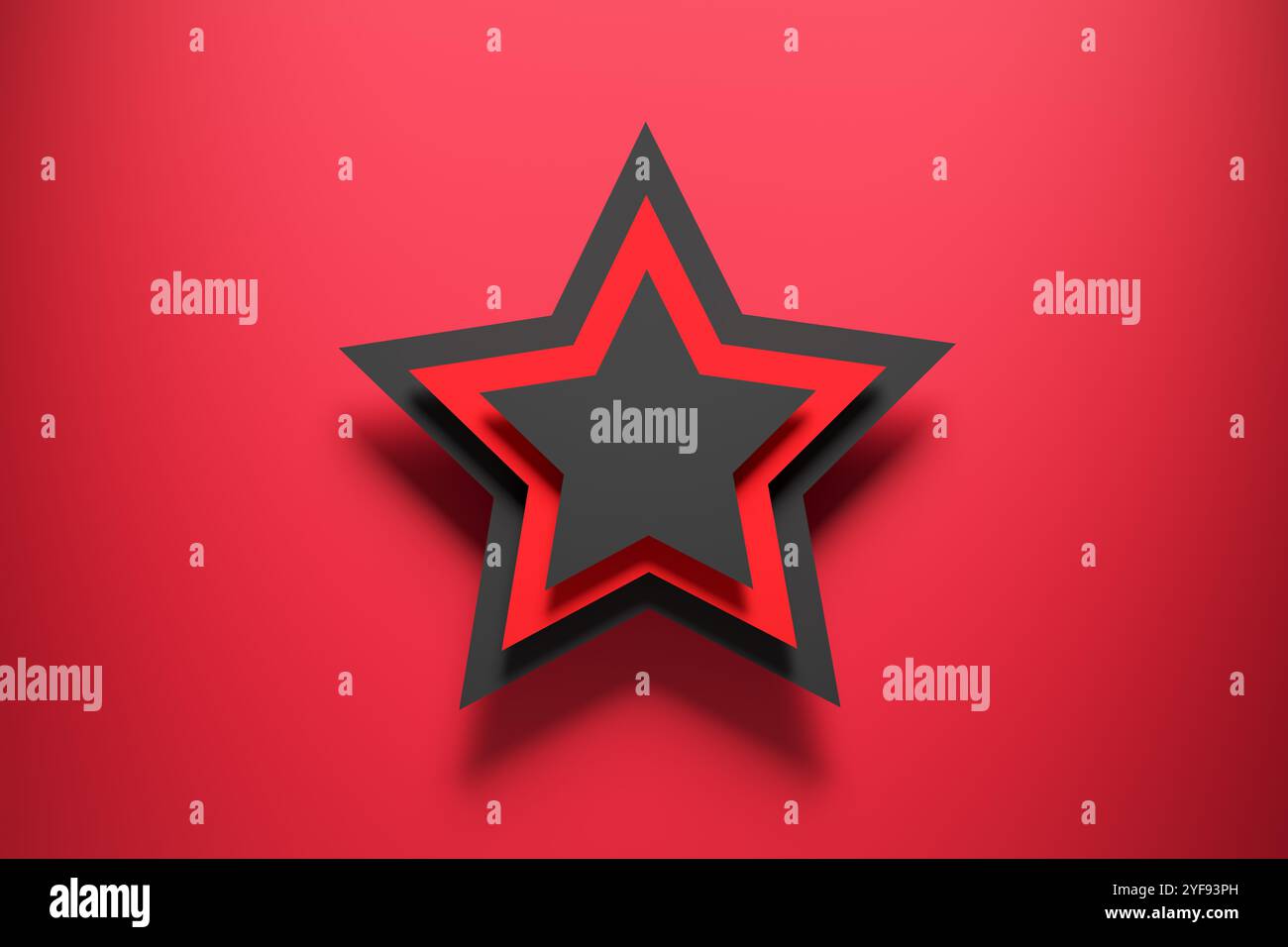 Étoiles noires et rouges superposées créant un effet tridimensionnel sur un fond rouge. Rendu 3D. Banque D'Images