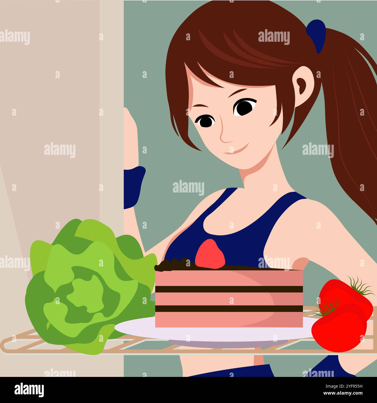 Une athlète féminine regarde dans le réfrigérateur, où il y a une assiette de gâteau et de salade de tomates. Elle sourit. Vue de l'intérieur du réfrigérateur. Illustration de Vecteur
