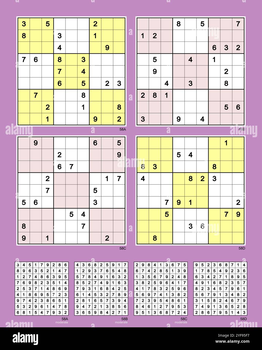 Sudoku Set n.58 MK II. Sym 180°. Modéré (3), dur (1). 26, 24, 22, 20 indices. Notation avancée basée sur l'analyse de six chemins de résolution différents. Illustration de Vecteur