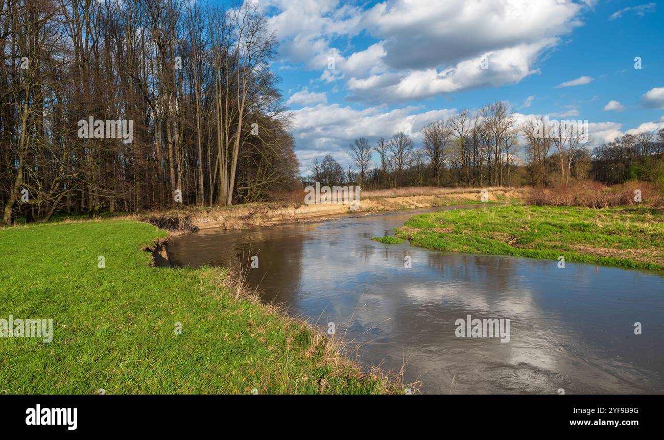 Sinueuse rivière Odra près de la connexion avec la rivière Ondtejnice à Chko Poodri en république tchèque pendant la belle journée de printemps Banque D'Images