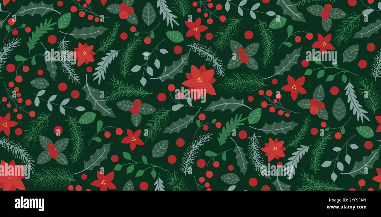 Motif sans couture de Noël avec des fleurs poinsettia, des brindilles feuillues, des branches de sapin et des baies. Fond festif naturel vert. Impression traditionnelle Illustration de Vecteur