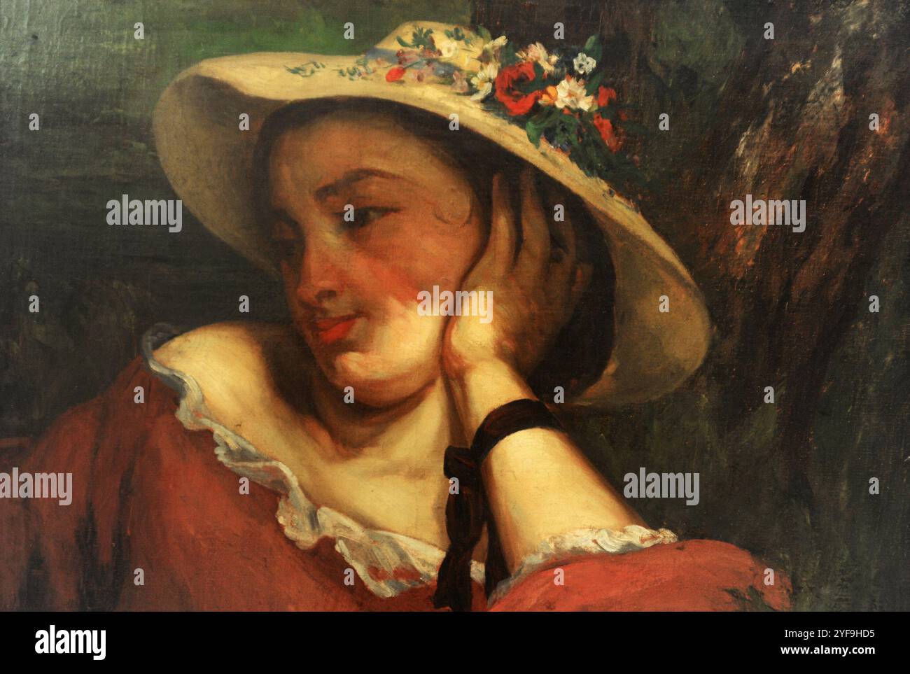 Gustave Courbet (1819-1877) Peintre français. Femme dans un chapeau de paille avec des fleurs, 1857. Huile sur toile. Galerie nationale Prague. République tchèque. Banque D'Images