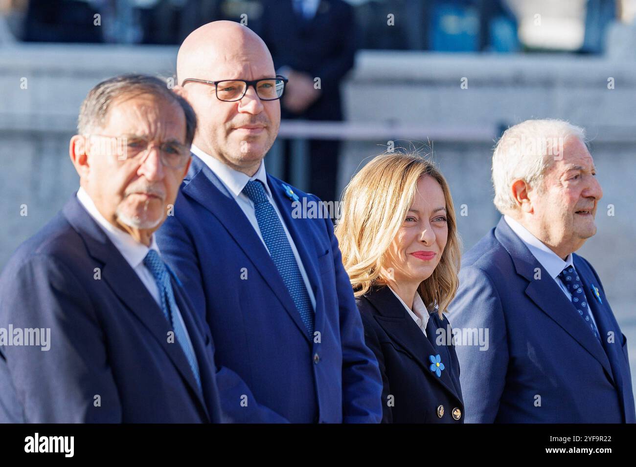 Il presidente del Senato Ignazio la Russa, il presidente della Camera Lorenzo Fontana, la presidente del Consiglio Giorgia Meloni e il presidente della Corte costituzionale durante la celebrazione del &#x201c;Giorno dell'Unit&#xe0 ; nazionale e delle Forze Armate&#x201d; All'Altare della Patria, Roma, Luned&#xec;, 04 novembre 2024 (Foto Roberto Monaldo/LaPresse) Président du Sénat Ignazio la Russa, Président de la Chambre des députés Lorenzo Fontana, premier ministre Giorgia Meloni et Président de la Cour constitutionnelle lors de la célébration de la &#x201c;Journée de Nat Banque D'Images