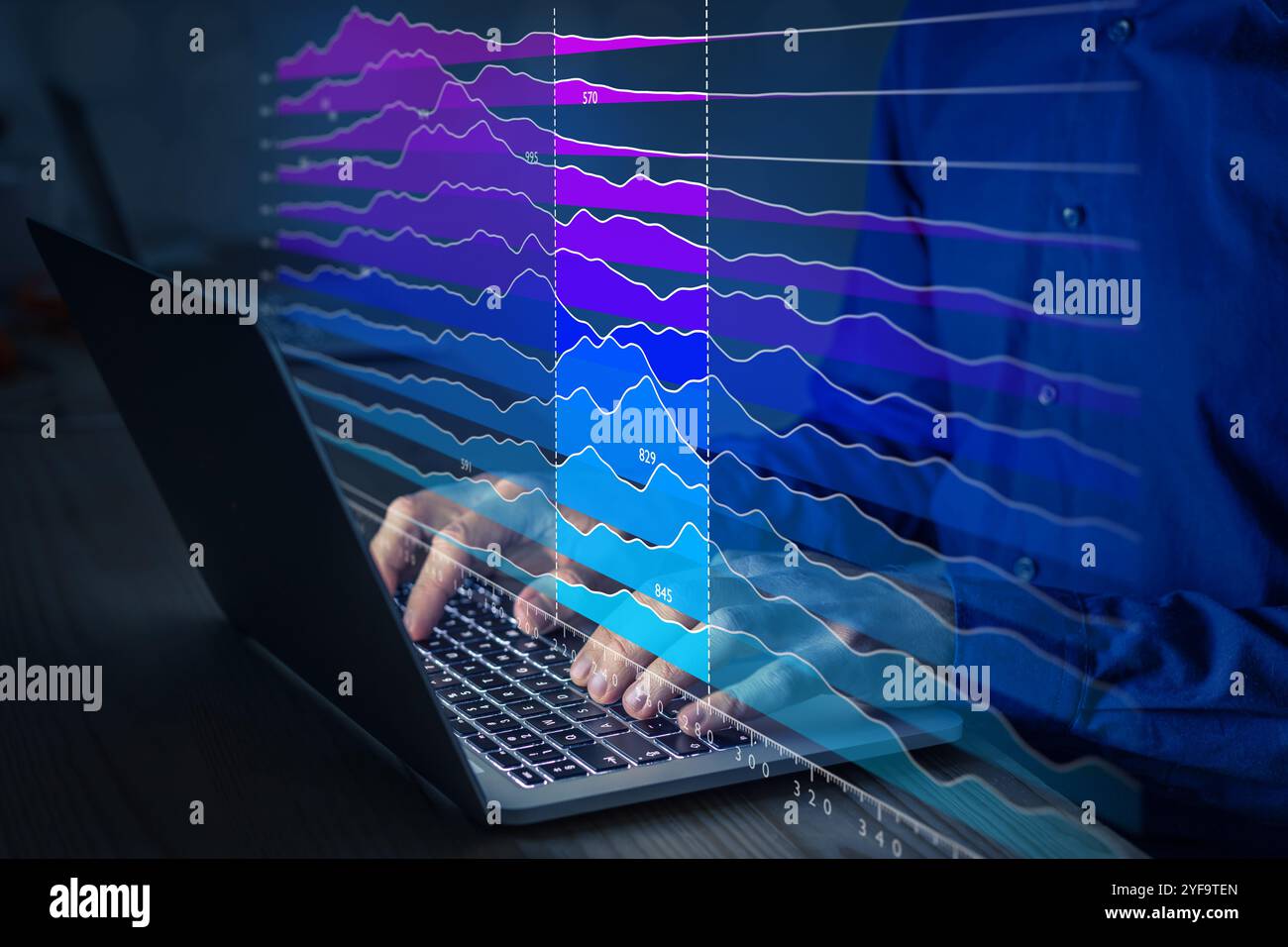 Technologie d'analyse Big Data mettant en valeur l'analyse IA pour une veille stratégique axée sur les données. Visualisation et aperçus avec statistiques de calcul pour d Banque D'Images