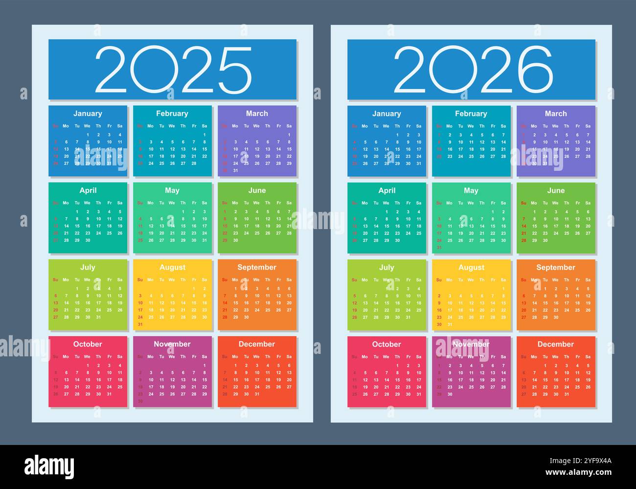 Calendrier coloré pour 2025 et 2026 ans. La semaine commence le dimanche. Illustration vectorielle isolée. Illustration de Vecteur