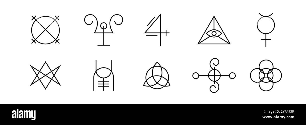 Symboles géométriques noirs avec des éléments mystiques et sacrés. Illustration de Vecteur