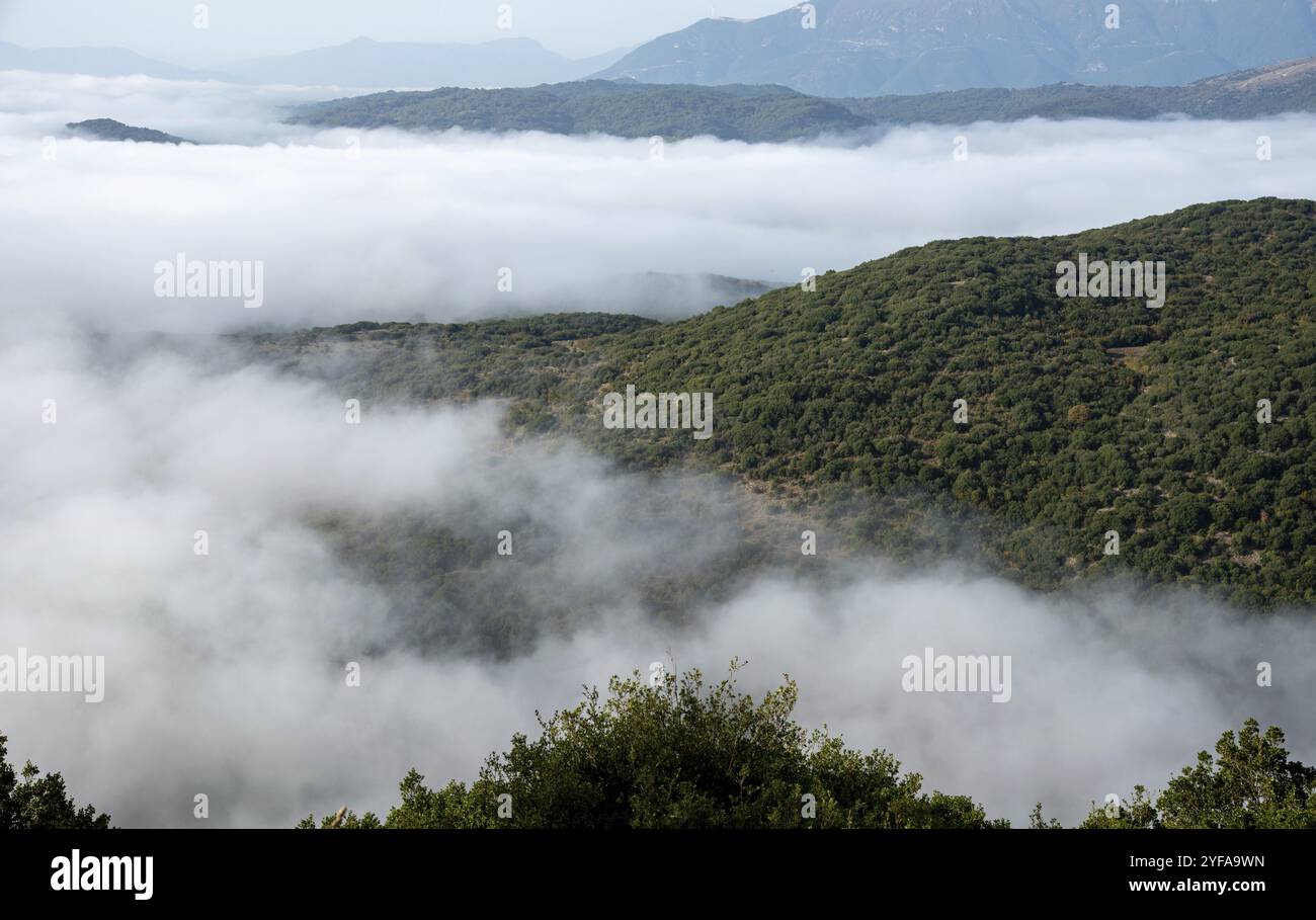 Sommets des montagnes couverts d'une couche de brume et de brouillard à l'aube. Paysage naturel. Epire Grèce Banque D'Images