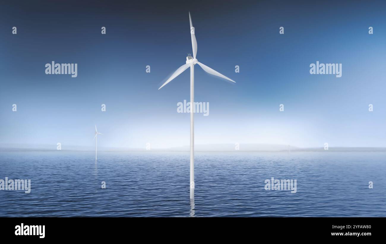 Maquette blanche vierge d'éolienne, fond de vue sur la mer, rendu 3D. Production d'électricité vide production modèle de moulin à vent sur le paysage aquatique. Effacer w Banque D'Images