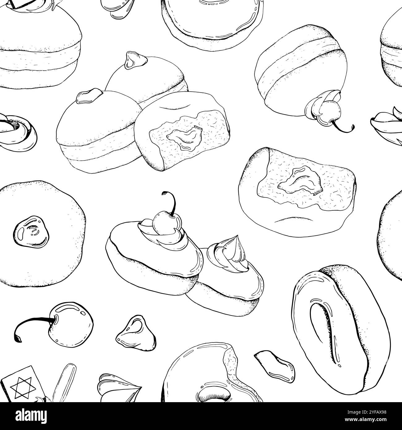 Hanukkah Donuts modèle sans couture en noir et blanc Illustration de Vecteur