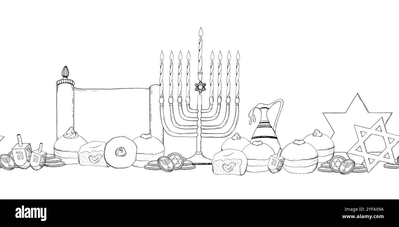 Hanukkah symboles noir et blanc bordure sans couture Illustration de Vecteur