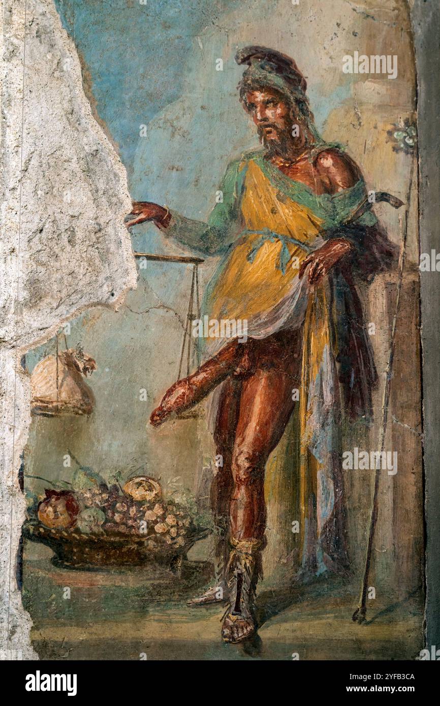 Fresque de Priapus, Maison des Vettii, zone archéologique de Pompéi, Pompéi, Campanie, Italie Banque D'Images