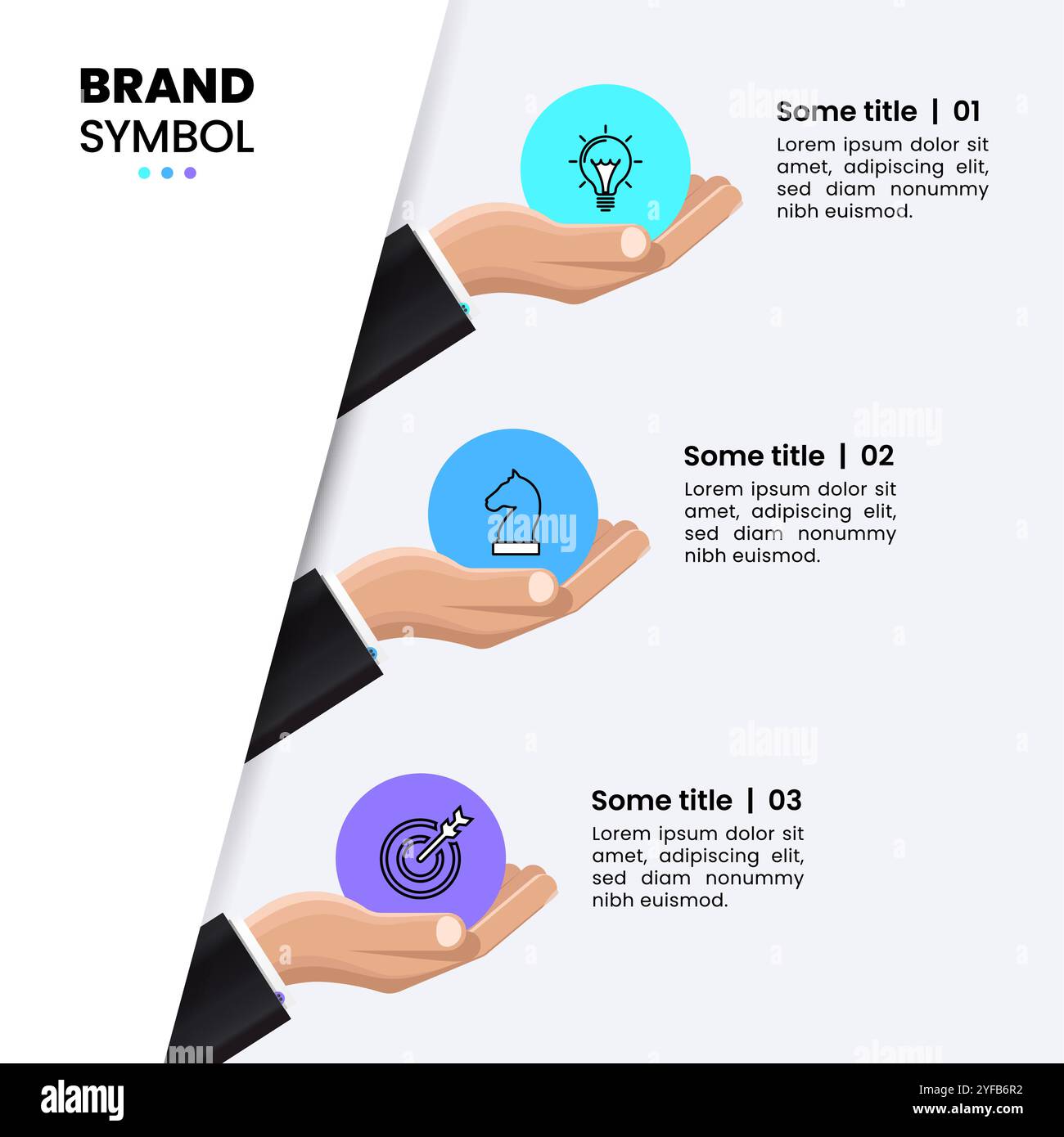 Modèle d'infographie avec icônes et 3 options ou étapes. Mains d'affaires. Peut être utilisé pour la mise en page de flux de travail, diagramme, bannière, webdesign. Illustration vectorielle Illustration de Vecteur