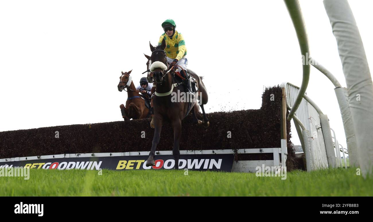 Plumpton, Royaume-Uni. 4 novembre 2024. I Shut That D'Or monté par Brendan Powell dégage une clôture précoce avant de remporter l'haie des novices de Plant Movements Ltd à l'hippodrome de Plumpton. Crédit : James Boardman/Alamy Live News Banque D'Images