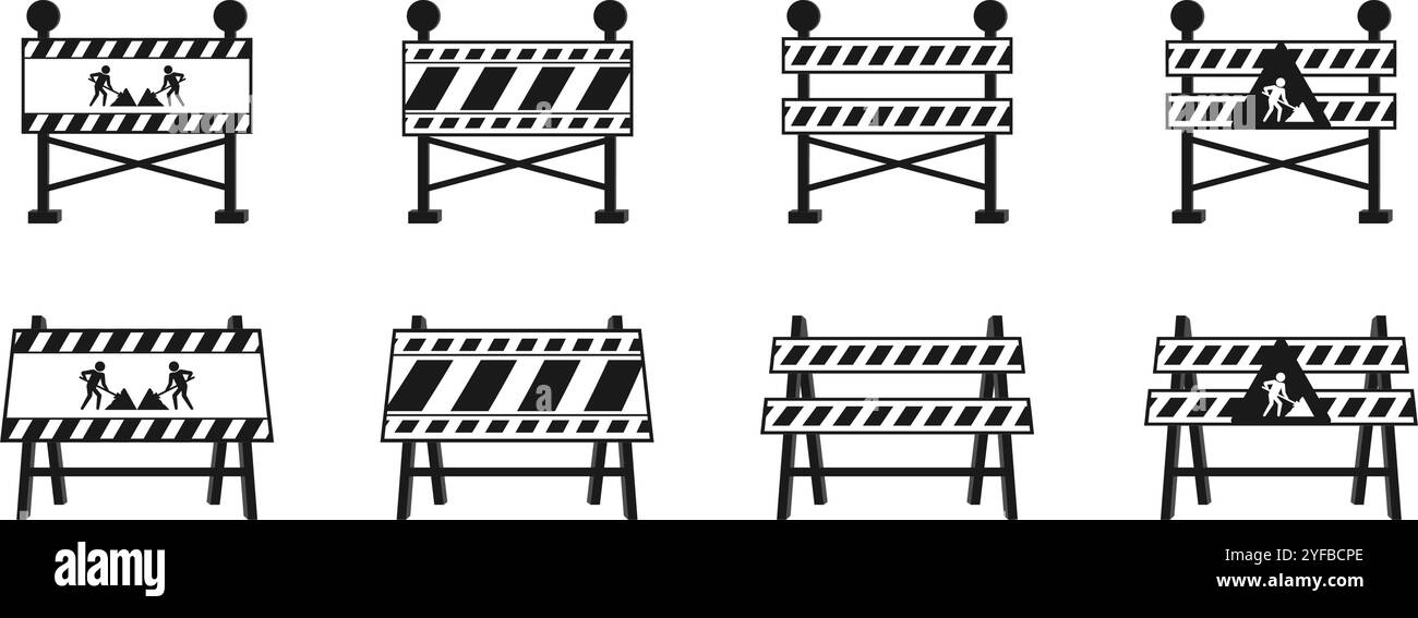 panneau de construction avec ensemble de barrières de circulation. illustration vectorielle isolée sur fond blanc. Illustration de Vecteur