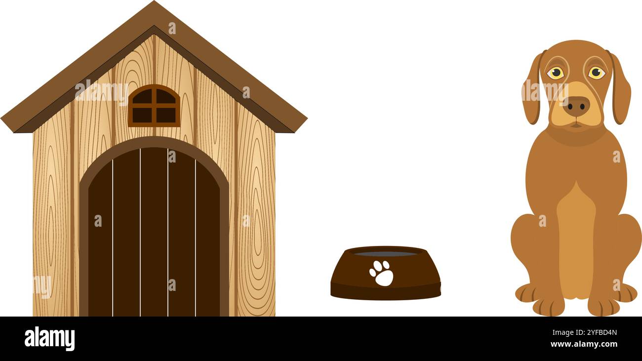 chien de compagnie et maison de chien en bois ensemble illustration vectorielle isolé sur fond blanc. Illustration de Vecteur