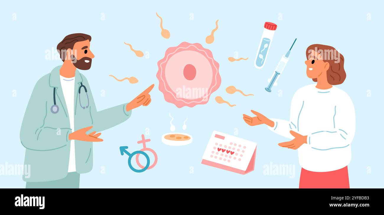 Planning familial. Gynécologue conseille la femme. Préparation à la conception. Grossesse, fertilité et fonction reproductive. La consultation des médecins. Ex. Prénatale Illustration de Vecteur