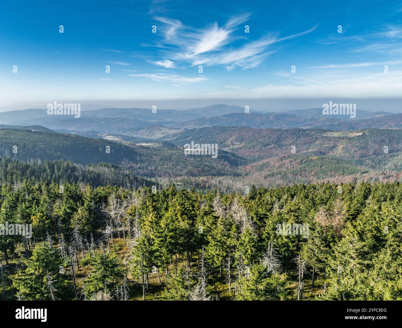 Vue aérienne de Ram Mountain par drone. Montagne Barania dôme dans les Beskids de Silésie. Réserve naturelle de Barania Hill Ram Mountain. Tour d'observation sur le dessus Banque D'Images