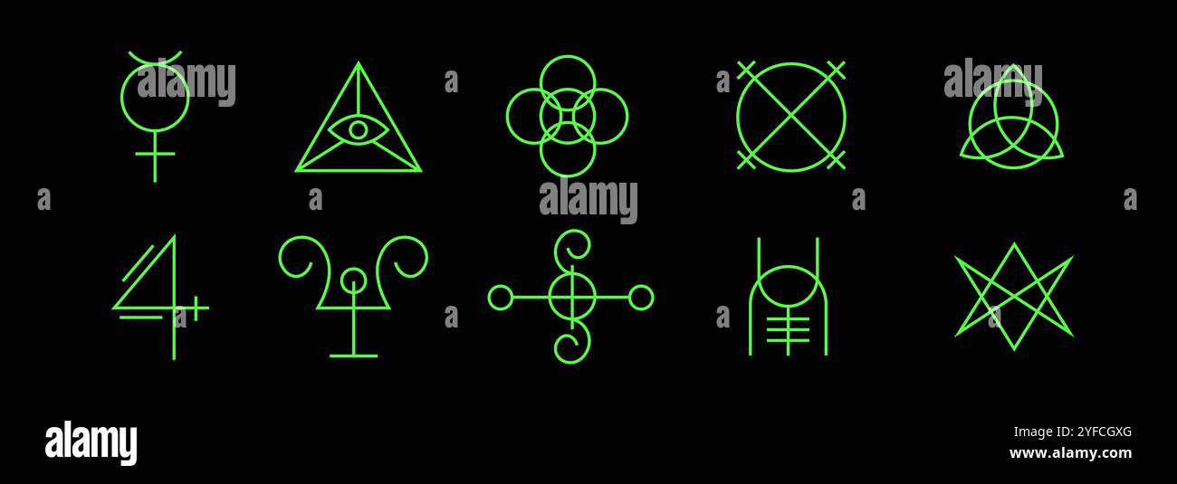 Symboles verts simples avec des thèmes alchimiques et mystiques. Illustration de Vecteur
