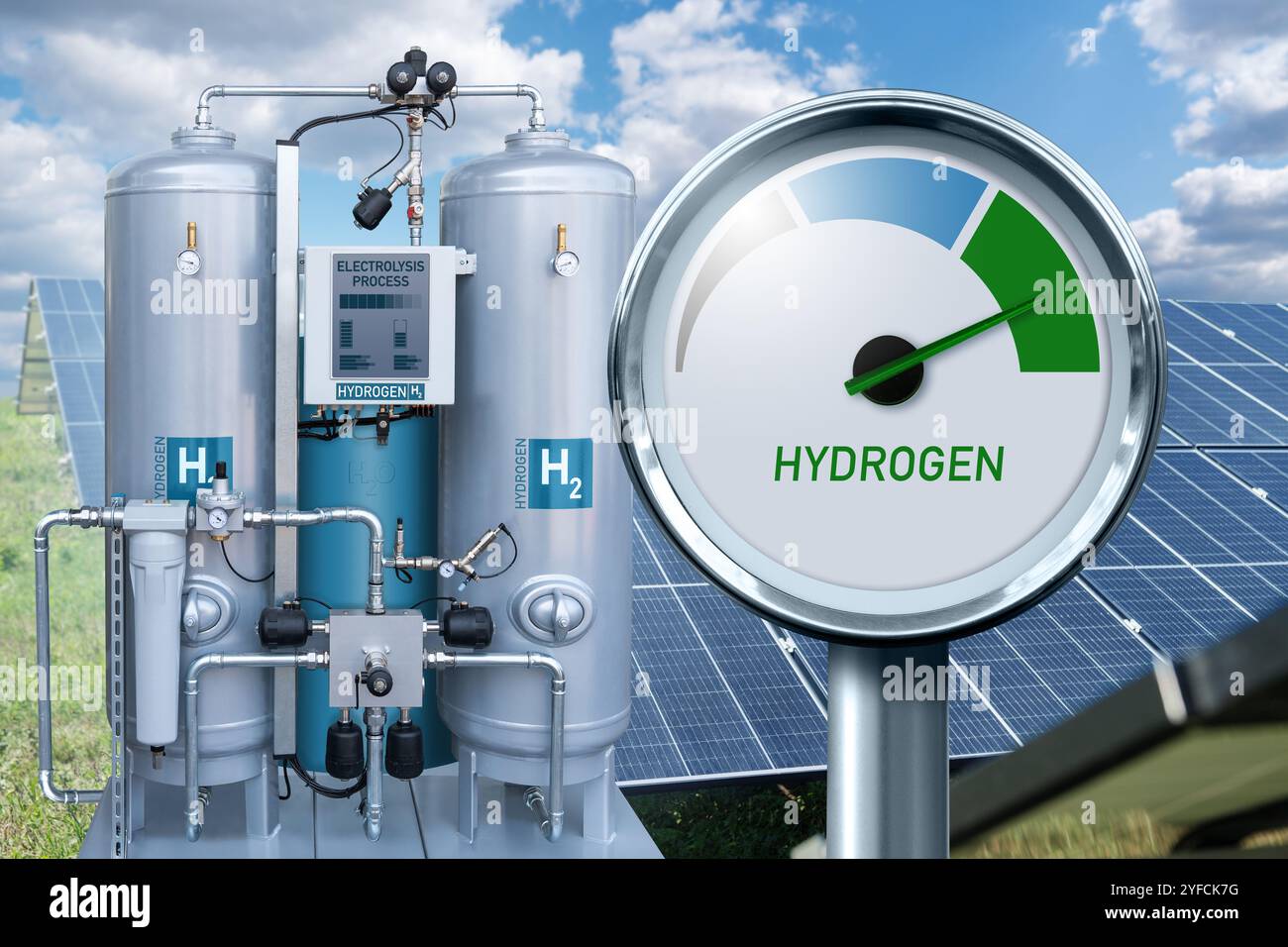 Production d'hydrogène vert à partir de sources d'énergie renouvelables. Banque D'Images