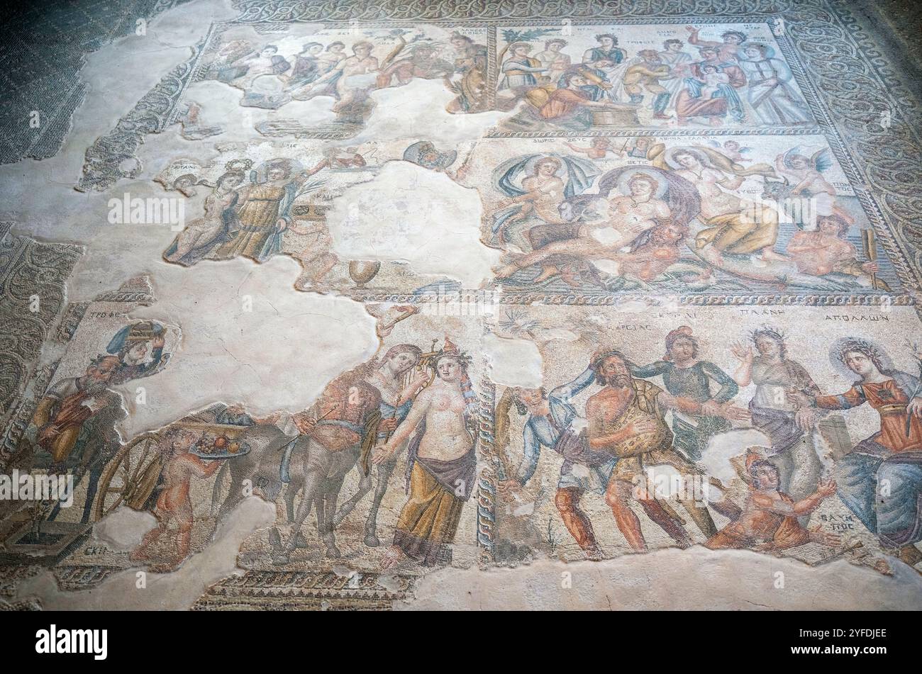 Section d'une mosaïque de sol romain dans la Maison d'Aion, Parc archéologique de Paphos, Nea Pafos, Paphos, Chypre. Banque D'Images