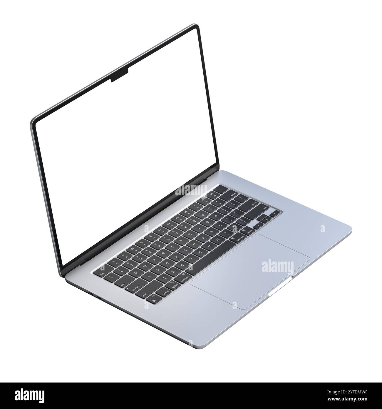 Ordinateur portable argenté moderne montrant l'écran transparent 3D. Banque D'Images