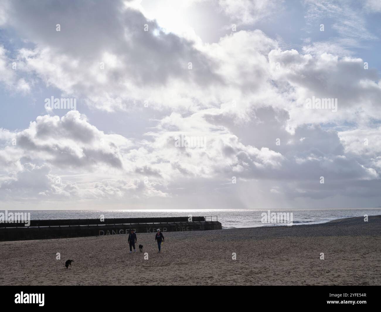 Couple marchant sur Gorleston-on-Sea plage Norfolk avec deux chiens Banque D'Images