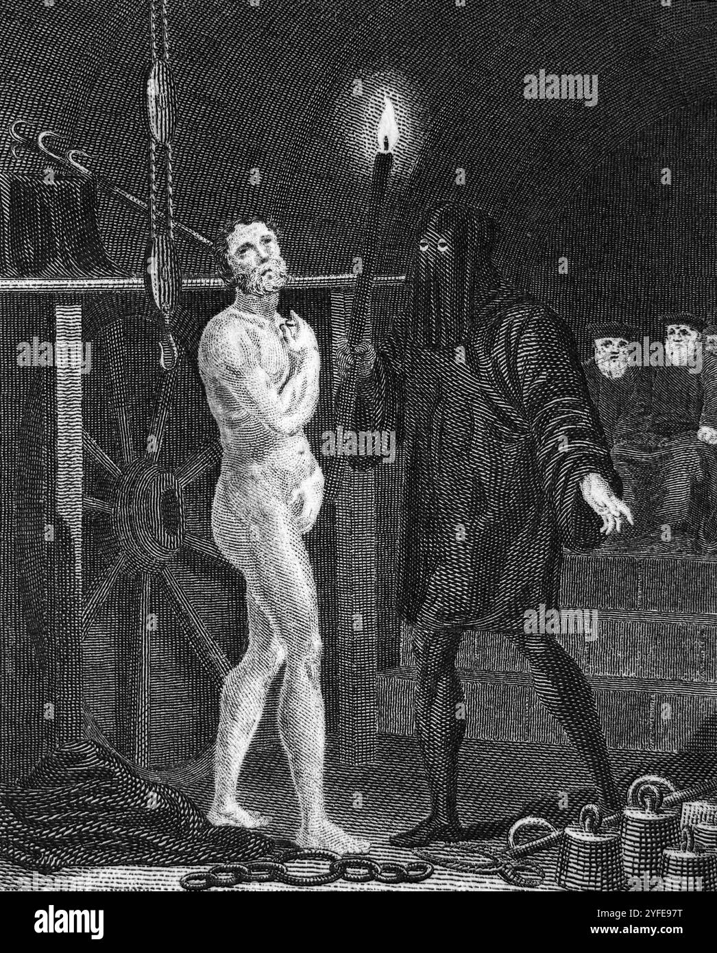Un prisonnier dans l'Inquisition va être torturé par le strappado (Corda) où les prisonniers ont les mains attachées derrière leur dos et ils sont t Banque D'Images